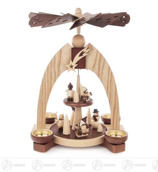 Teelichtpyramide mit Winterkindern 2-stöckig natur
