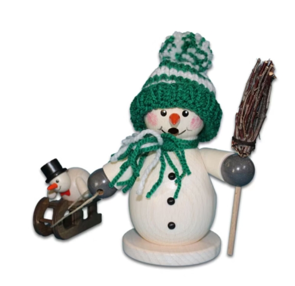 Räuchermann Schneemann mit Schlitten und Kind
