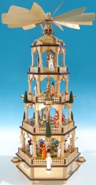 Große Seiffener Weihnachtspyramide mit Spielwerk natur/bunt