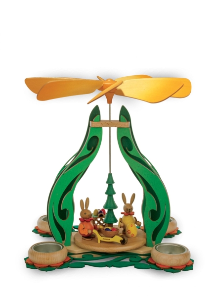 Osterteelichtpyramide Hasenpärchen grün/orange